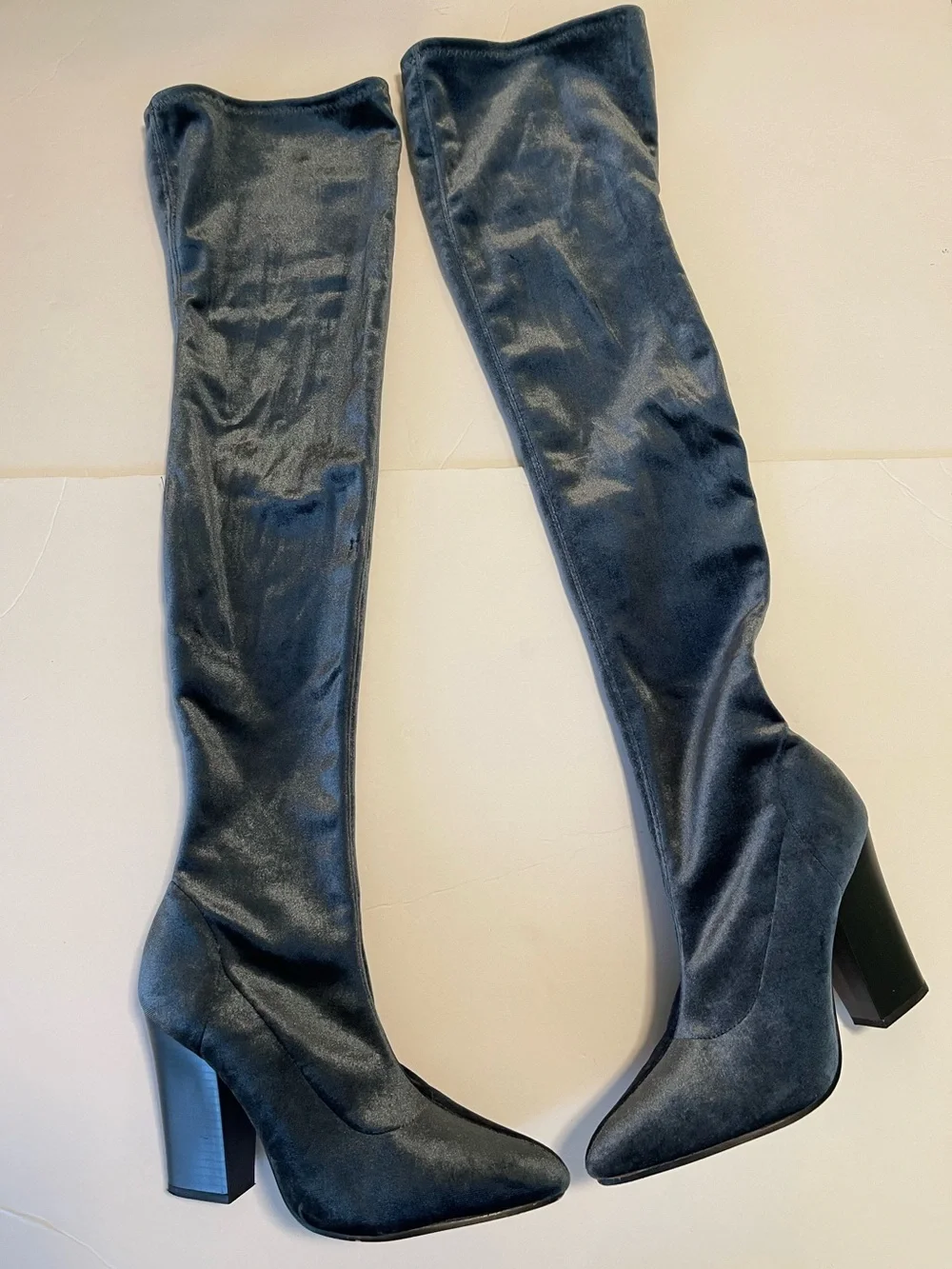 Zara Boots Over The Knee Size 9 Blue Velvet Pointed Toe Block Heel Pull On Party